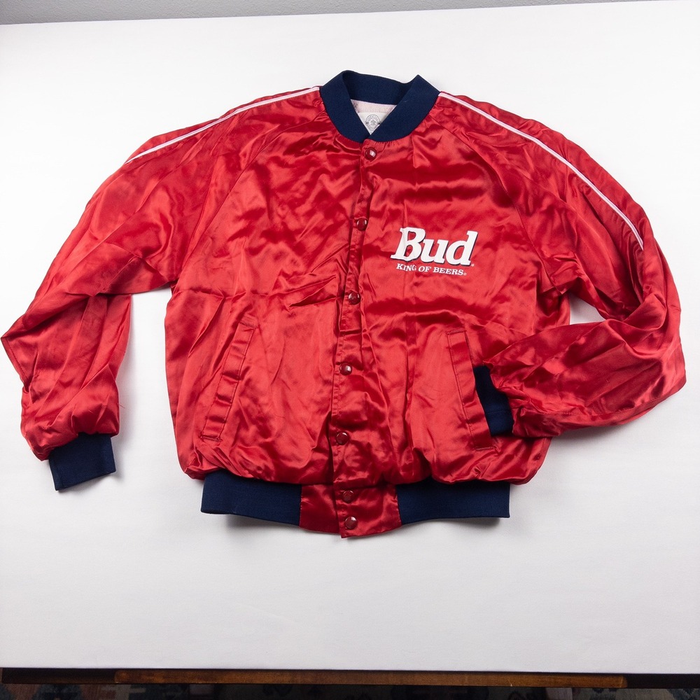 Budweiser Satin Bowling Racing Jacket Mens Medium Red Good Vintage Bud King Beer